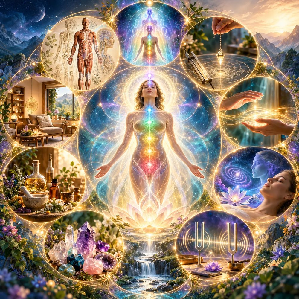 Illustration des neuf modules de la formation : anatomie, système énergétique et chakras, bilan au pendule et à l'antenne de Lecher, magnétisme, hypnose, diapasons, lithothérapie, élixirs spagyriques et cabinet du praticien